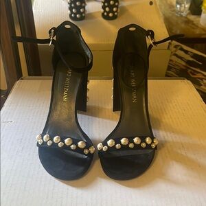 Stuart Weitzman Black Pearl-Embellished Ankle-Strap Block Heels